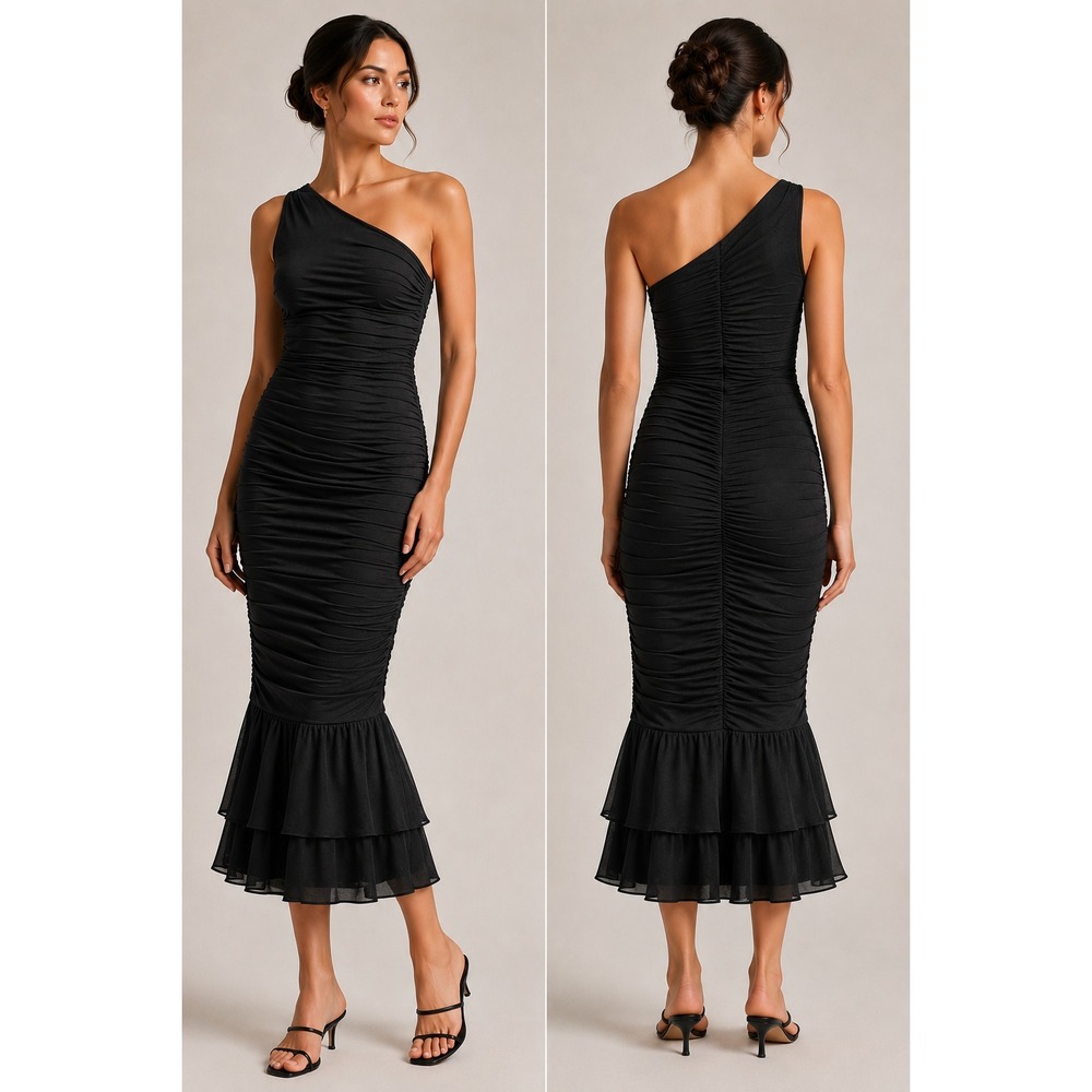 Black One Shoulder Ruched Mermaid Gown Sz Medium Formal Evening Cocktail Dress
